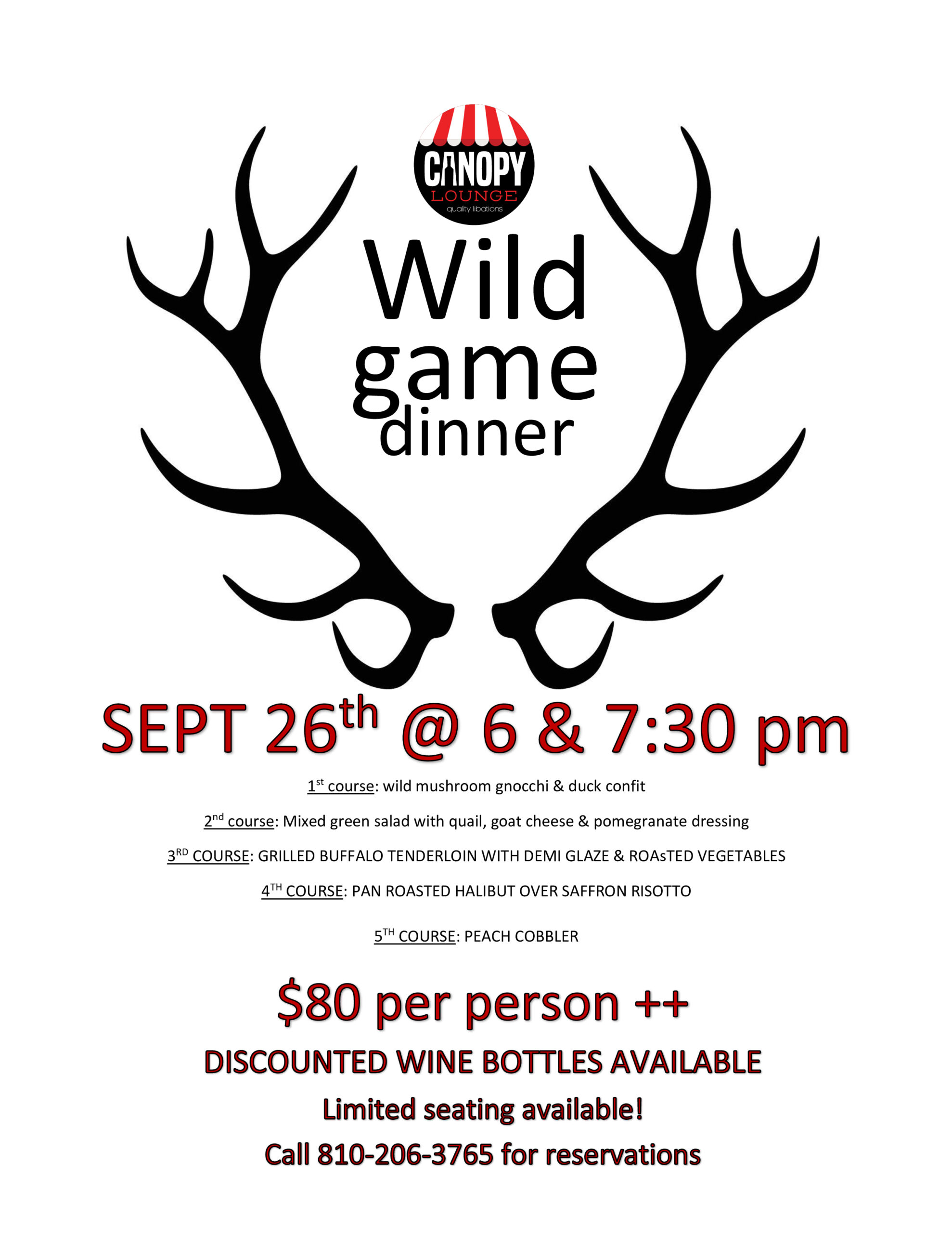 Wild Game Dinner. Thursday, September 26, 2024 at 6pm and 7:30pm