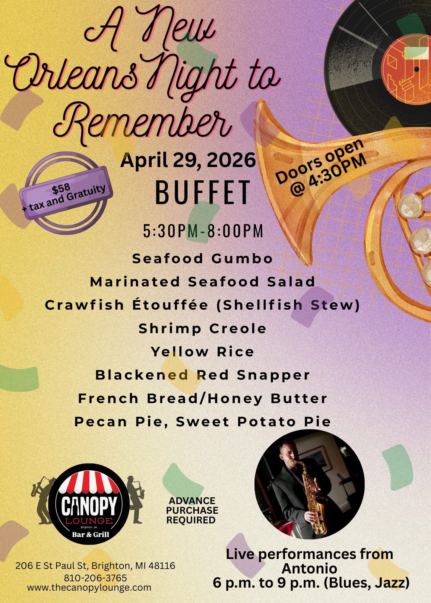New Orleans Seafood Night with Saxophone player